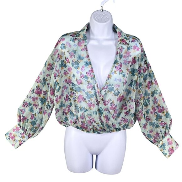 Zara NWT Womens S Floral Wrap Blouse Bell Sleeves Fairy Pastel Chiffon Crop Top - Picture 2 of 15